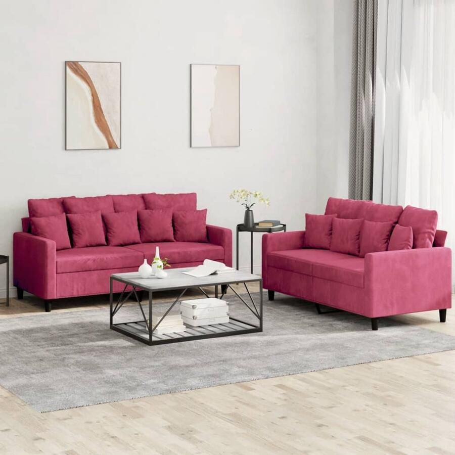 The Living Store Loungeset Wijnrood Fluweel 2-zits + 3-zits Comfortabel zitten met stevig frame Loungebank Bankstel Velvet Bank Rode Bank 2 Persoons Bank