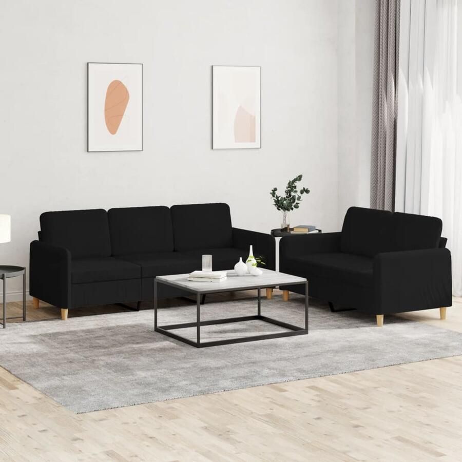 The Living Store 2-delige loungeset met kussens stof zwart Loungebank Bankstel Zwarte Bank Stoffen Bank 2 Persoons Bank