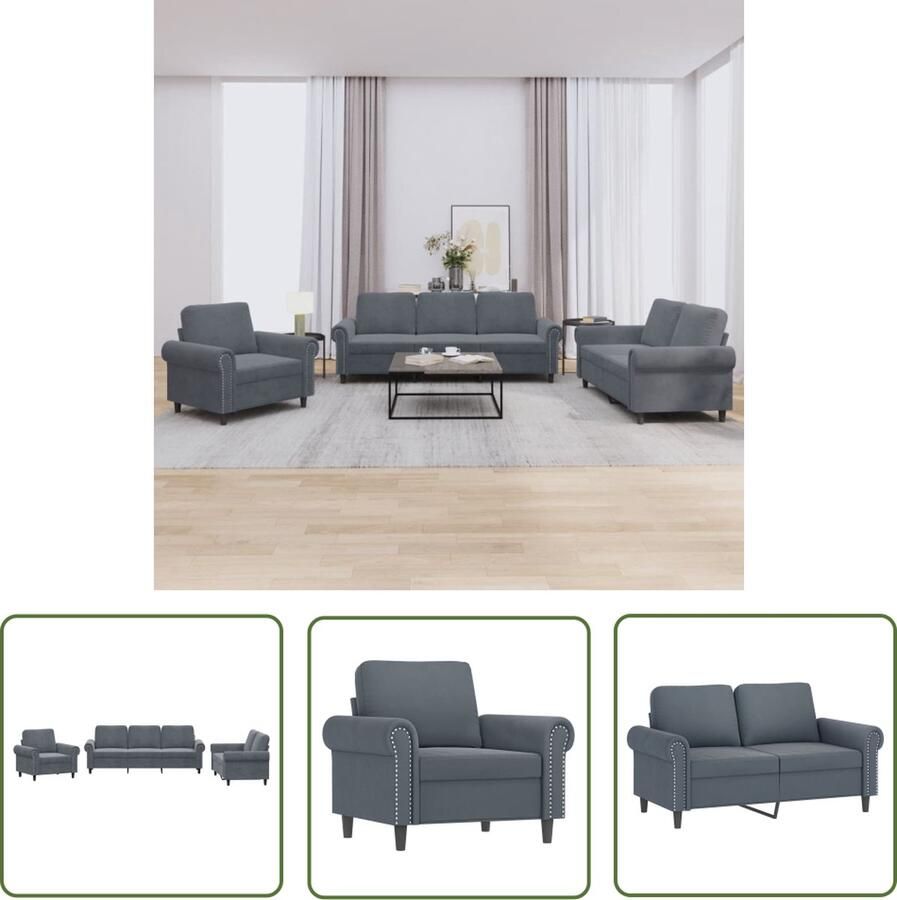 The Living Store 3-delige Loungeset met kussens fluweel donkergrijs Loungebank Bankstel Fluweel Sofa Donkere Grijze Bank 3 Persoons Bank