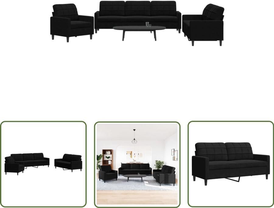 The Living Store Fluweel Bankstel Zwart Comfortabel en Modern Design 3-zits 2-zits en Fauteuil 100% polyester Loungebank Bankstel Fluweelbankstel Zwarte Bank 3 Persoons Bank
