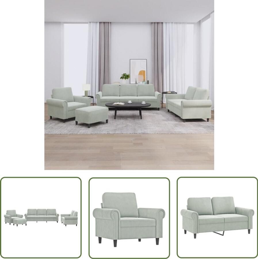 VidaXL Bankstel Loungebank 4-delige Loungeset met kussens fluweel lichtgrijs Fluweel Sofa Grijze Bank Luxe Loungewaren