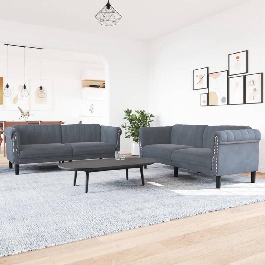 The Living Store Loungeset Zacht Fluweel Bankstel 2-zits 3-zits Donkergrijs 182x77x74cm 203x77x74cm Comfortabele Zitervaring Loungeset Bankstel Fluweel Sofa Donkere Grijze Bank Comfortabele Bank