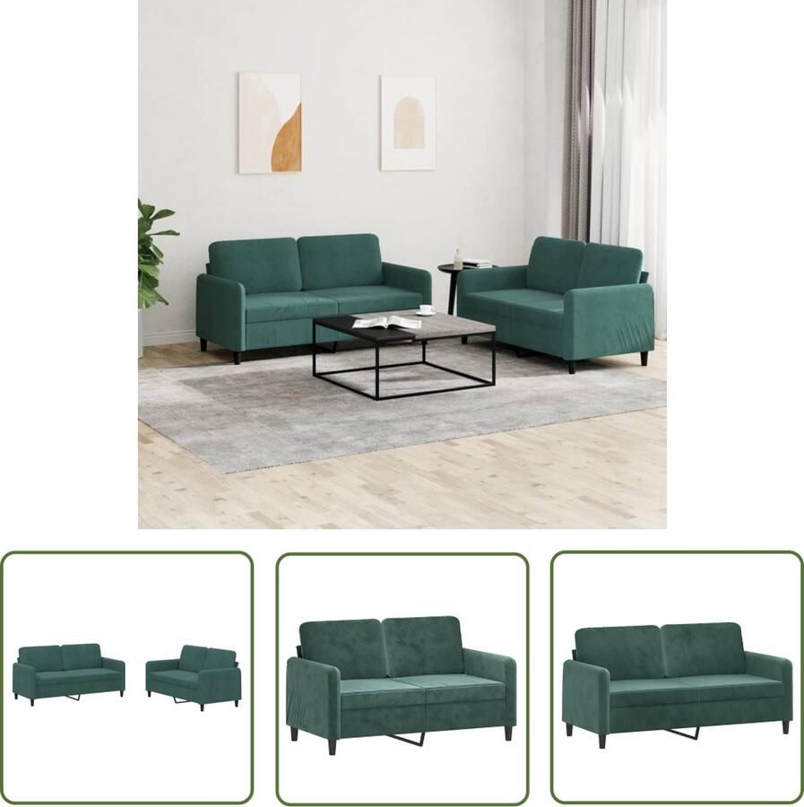 The Living Store Loungeset Fluweel 2-zitsbank Donkergroen 140 cm met Stevig Frame Loungeset Bankstel Velvet Sofa Donkere Kleuren Comfortabele Stoffen