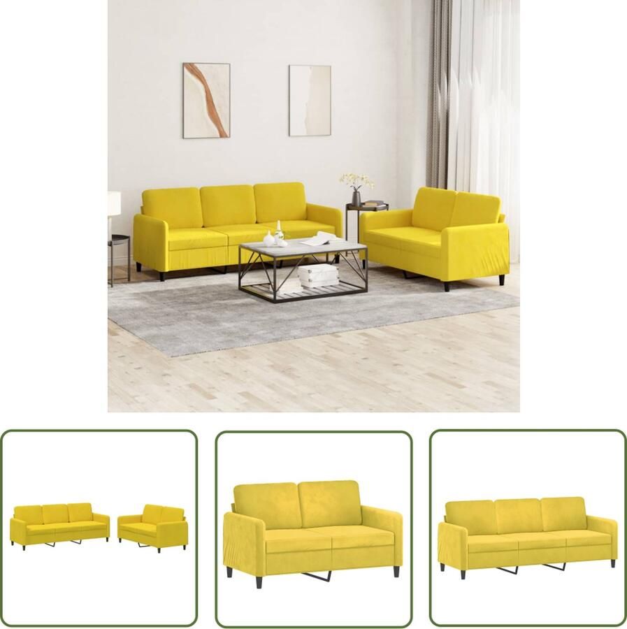 The Living Store Loungeset Fluwelen 2-zitsbank en 3-zitsbank Geel fluweel Comfortabel en stabiel 138 x 77 x 80 cm Loungeset Bankstel Fluweel Sofa Lounge Meubilair 2 Persoons Bank