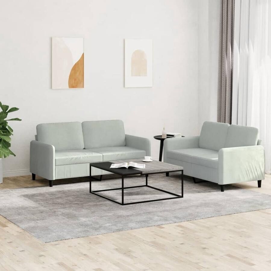 The Living Store Loungeset 2-zitsbank fluweel lichtgrijs 140 cm Comfortabele zitervaring Loungeset Bankstel Fluweel Sofa Grijze Bank 2 Persoons Bank