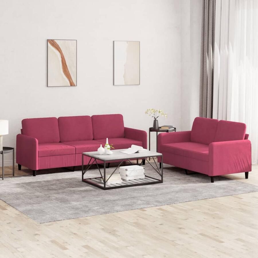 The Living Store Loungeset Zacht Fluweel 2-zitsbank en 3-zitsbank Wijnrood 138 x 77 x 80 cm Loungeset Bankstel Fluweel Bankstel Zweefstoelen Woonkamer Meubels