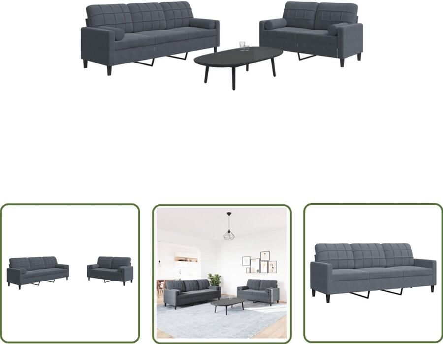 The Living Store 2-delige Loungeset met kussens en bolsters fluweel donkergrijs Loungeset Bankstel Fluweel Donkere Kleuren Comfortabele Stoffering