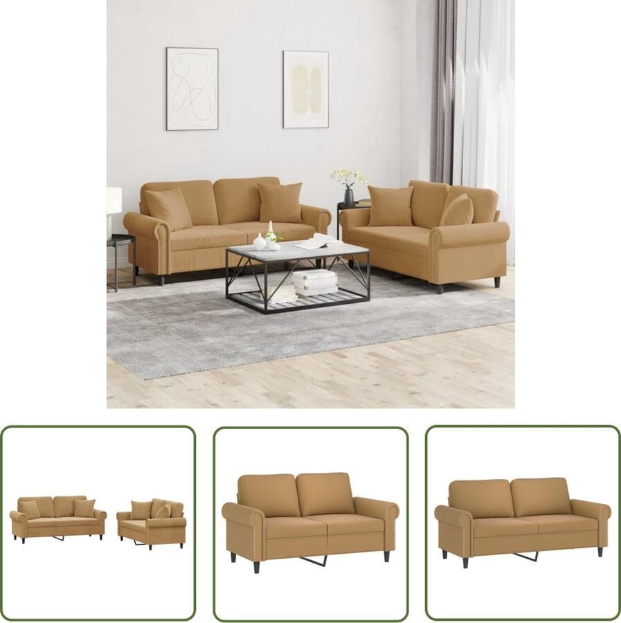The Living Store 2-delige Loungeset met kussens fluweel bruin Loungeset Bankstel Fluweel Sofa Bruine Bank 2 Persoons Bank