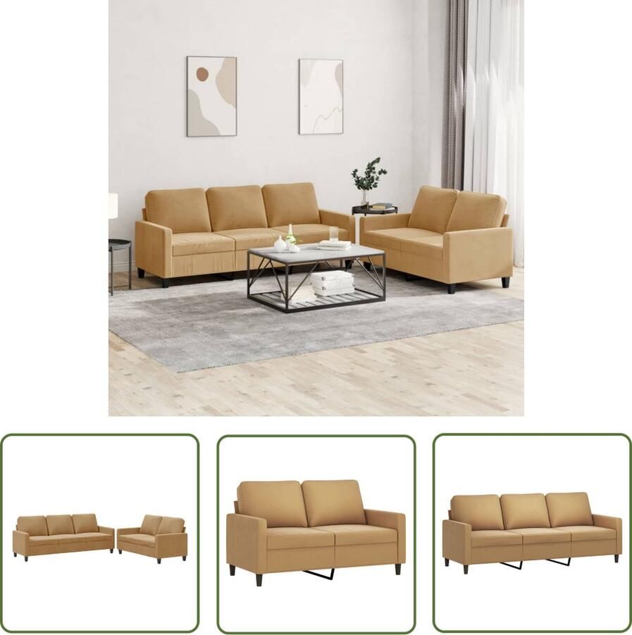 The Living Store Loungeset Fluweel Bankstel 2-zits + 3-zits Bruin 100% polyester Metalen frame Comfortabel gepolsterd Loungeset Bankstel Bruin Meubilair Velvet Sofa Lounge Suite