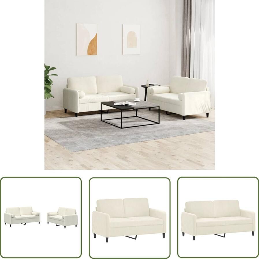 The Living Store 2-delige Loungeset met kussens fluweel crèmekleurig Loungeset Bankstel Fluweel Sofa Velvet Bank Creme Bank