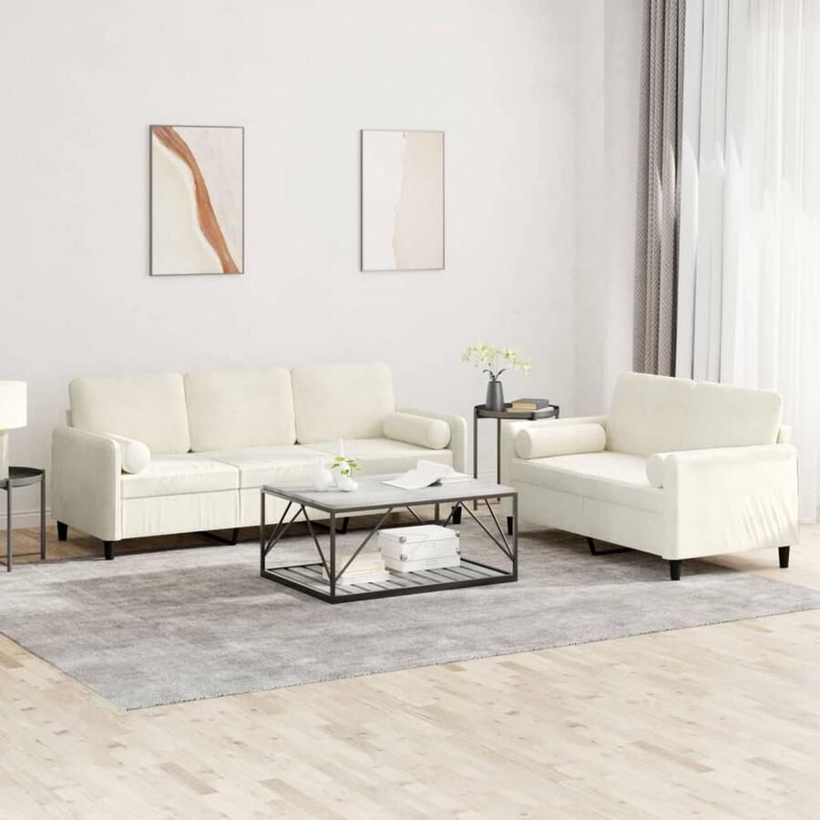The Living Store 2-delige Loungeset met kussens fluweel crèmekleurig Loungeset Bankstel Velvet Sofa Fluweel Bank Creme Kleuren Bank
