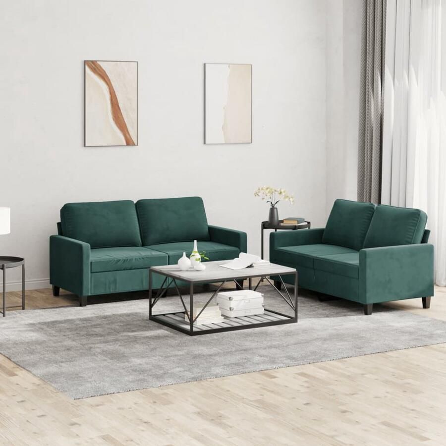 The Living Store Loungeset Fluweel 2-zitsbank Donkergroen Stevig Frame Comfortabele Zitervaring Loungeset Bankstel Fluweel Sofa Donkere Groene Bank 2 Persoons Bank