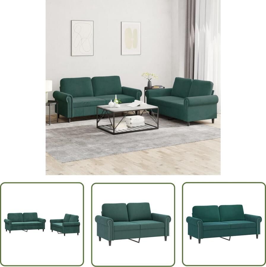 The Living Store Loungeset Fluweel 2-zitsbank 140cm Donkergroen Comfortabel Zitbankstel Metaal Multiplex Zitkussen 4x Loungeset Bankstel Velvet Sofa Donkere Groene Bank 2 Persoons Bank