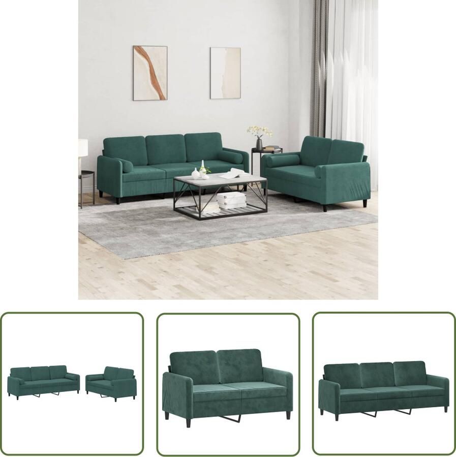 The Living Store Loungeset 2 en 3 Zits Afmeting 138 x 77 x 80 cm Donkergroen Fluweel Loungeset Bankstel Woonkamer Meubilair Fluweel Sofa Donkere Kleuren