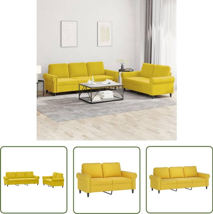 The Living Store Fluweel Loungebank Geel 2-zits en 3-zitsbanken Comfortabele Zitervaring Loungeset Bankstel Velvet Bank Gele Bank 2 Persoons Bank