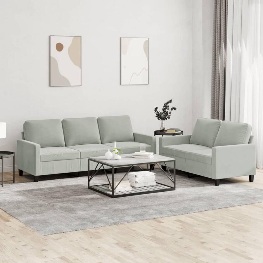 The Living Store Fluweel Loungeset Lichtgrijs 2 en 3 Zitsbank Stevig Metalen Frame Loungeset Bankstel Fluweel Sofa Grijze Bank 2 Persoons Bank