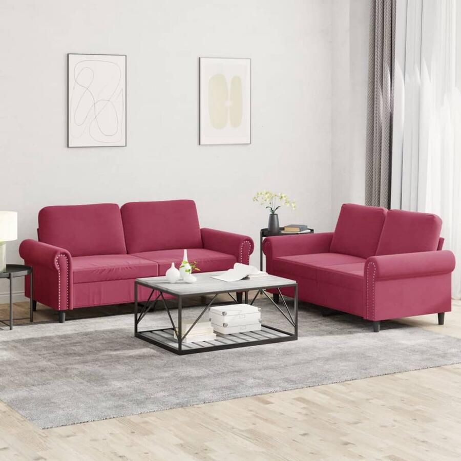 The Living Store Loungeset 2-zitsbank Wijnrood fluweel Comfortabele zitervaring Loungeset Bankstel 2 Persoons Bank Fluweel Sofa Rode Bank