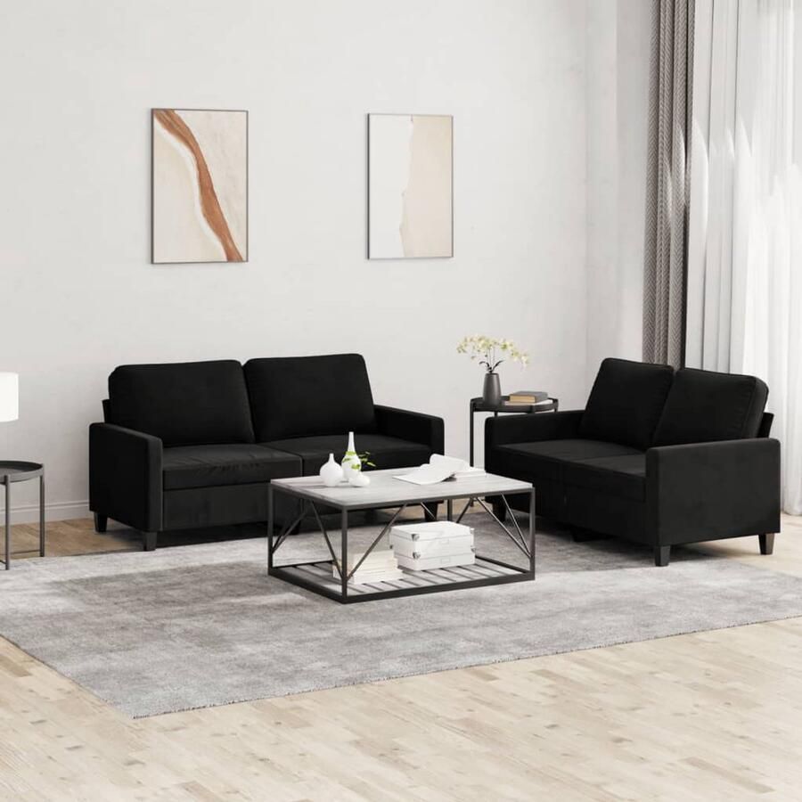 The Living Store Loungeset Fluweel Zwart 2-zitsbank 138 x 77 x 80 cm Stevig Metalen Frame Loungeset Bankstel Velvet Sofa Zitzitting Lounge Meubels