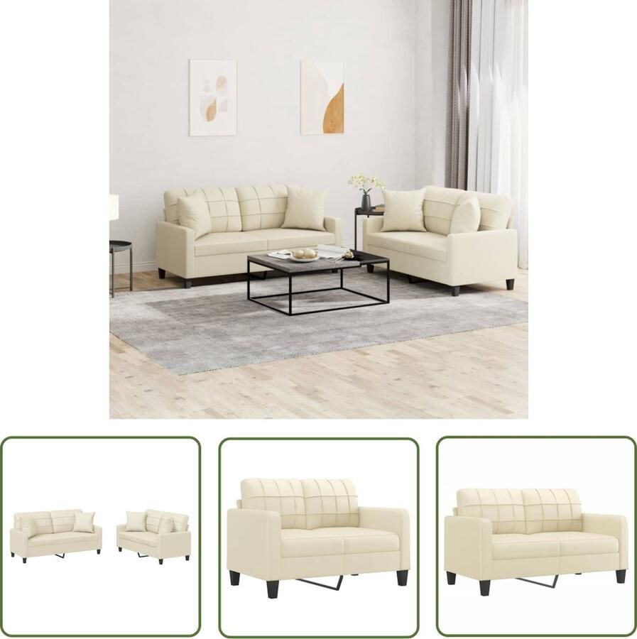 The Living Store Loungeset Kunstleer 2-zitsbank crème Stevig frame Comfortabel zitkussen Montage vereist Inclusief 2x tweezitsbank 4x sierkussen en 4x zitkussen