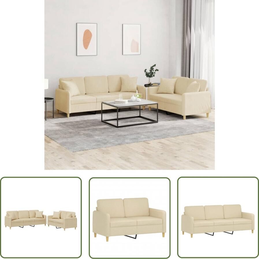 The Living Store 2-delige Loungeset met kussens stof crèmekleurig Loungeset Bankstel 2 Persoons Bank 3 Persoons Bank Creme Kleur