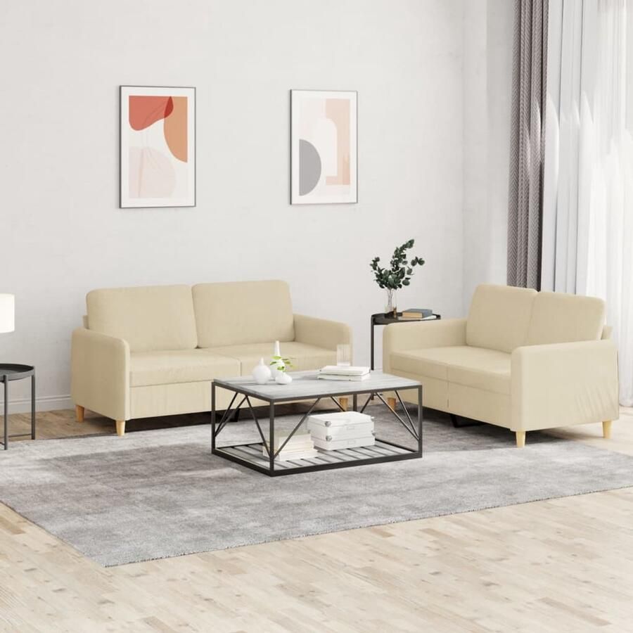 The Living Store 2-delige Loungeset met kussens stof crèmekleurig Loungeset Bankstel Sofa Twee Persoonsbank Creme Kleur