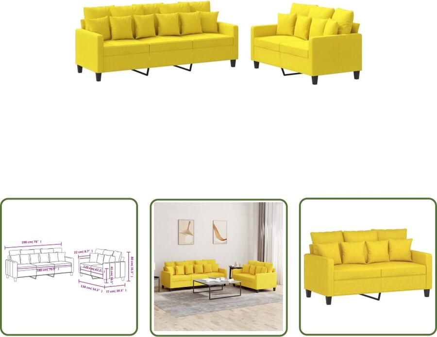 The Living Store Loungeset lichtgeel 2-zitsbank- 138x77x80cm 3-zitsbank- 198x77x80cm Duurzame stof Stevig frame Comfortabele zitervaring Montage vereist Incl kussens