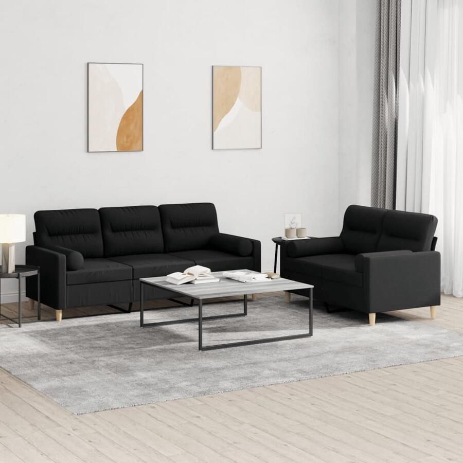 The Living Store 2-delige Loungeset met kussens stof zwart Loungeset Bankstel Buitenmeubel Tuinset Lounge
