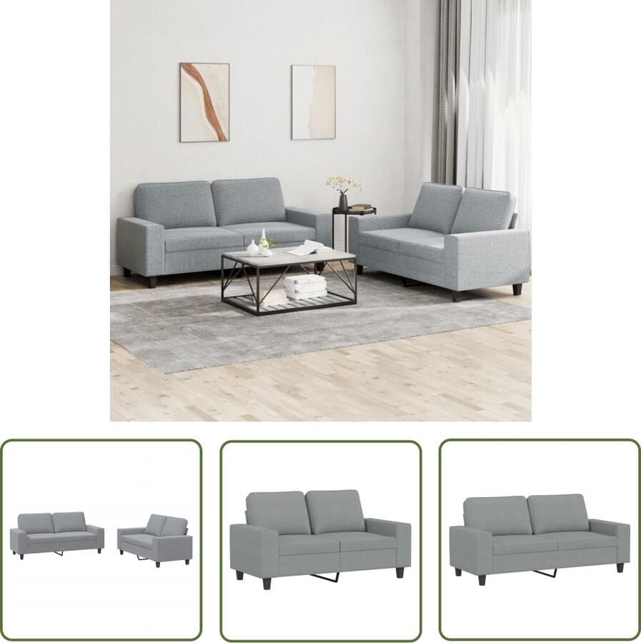 The Living Store Loungeset 2-Zitsbank Lichtgrijs Metaal Multiplex Comfortabele en Duurzame Stof Loungeset Bankstel 2 Persoons Bank Lounge Stoffen Bank Grijs Sofa