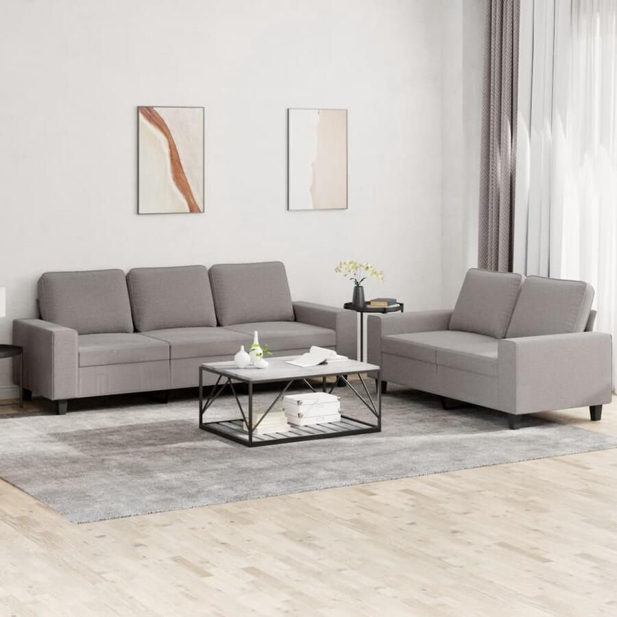The Living Store Loungeset Stof Metaal Hout 2-zits en 3-zits Taupe Color Loungeset Bankstel Tweezitsbank Driezitsbank Stoffen Bank