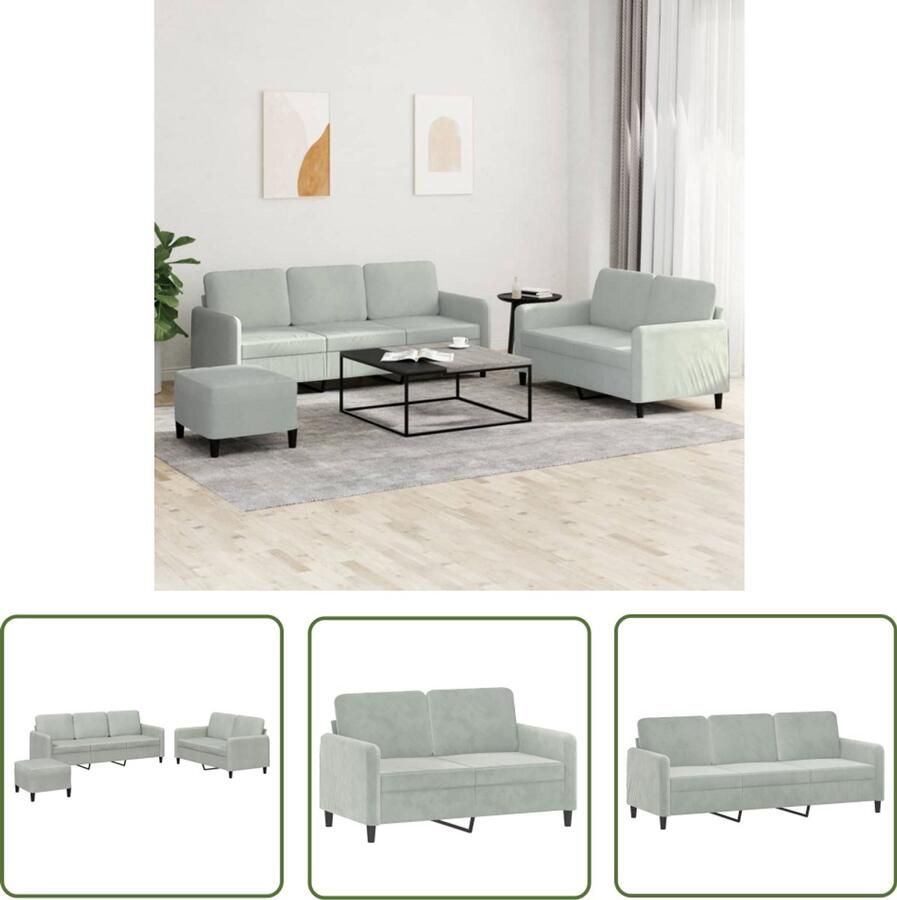 VidaXL Bankstel Loungeset 3-delige Loungeset fluweel lichtgrijs Fluweel Sofa Grijze Bank 3 Persoons Bank