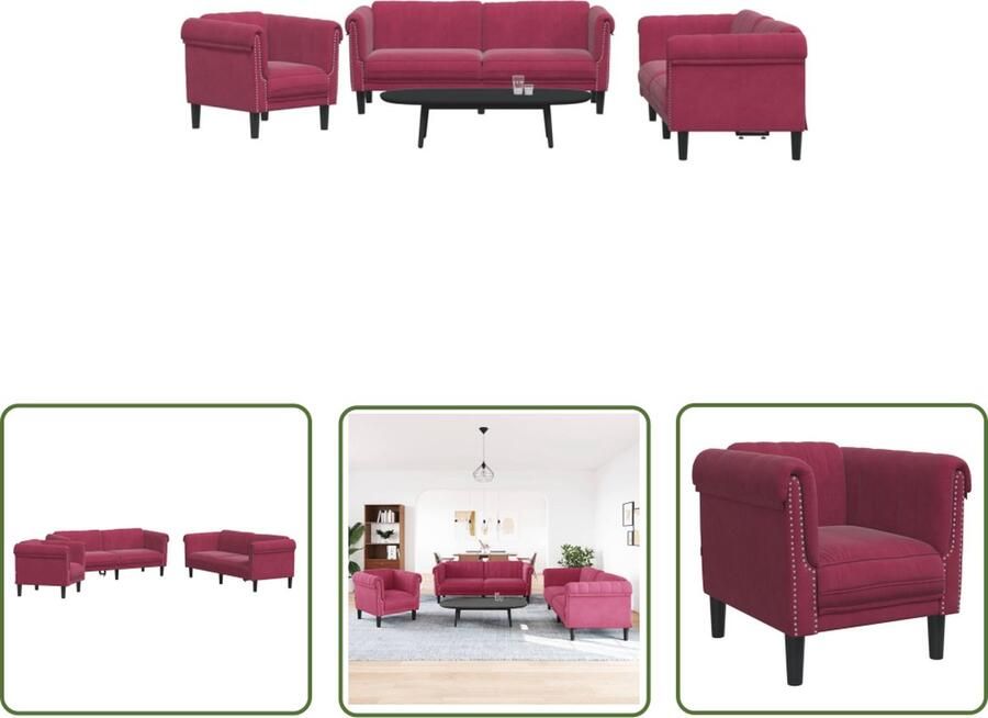 The Living Store 3-delige Loungeset fluweel wijnrood Loungeset Bankstel Velvet Sofa Rode Bank Woonkamer Meubels