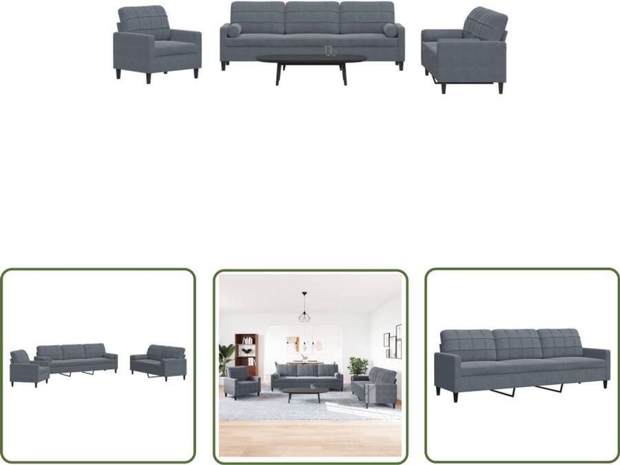The Living Store 3-delige Loungeset met kussens en bolsters fluweel donkergrijs Loungeset Bankstel Velours Bank Lounge Meubilair Fauteuils