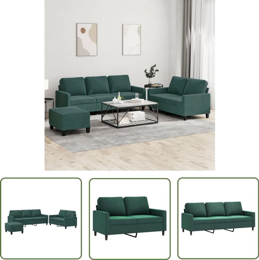 VidaXL Bankstel Loungeset 3-delige Loungeset met kussens fluweel donkergroen Fluweel Sofa Groene Bank Woonkamer Meubilair