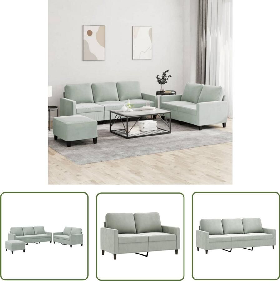 VidaXL Bankstel Loungeset 3-delige Loungeset met kussens fluweel lichtgrijs Fluweel Sofa Grijze Bank 3-delige Loungebank