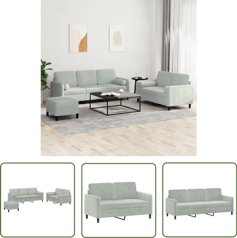 VidaXL Bankstel Loungeset 3-delige Loungeset met kussens fluweel lichtgrijs Fluweel Sofa Grijze Bank Livingroom Meubels