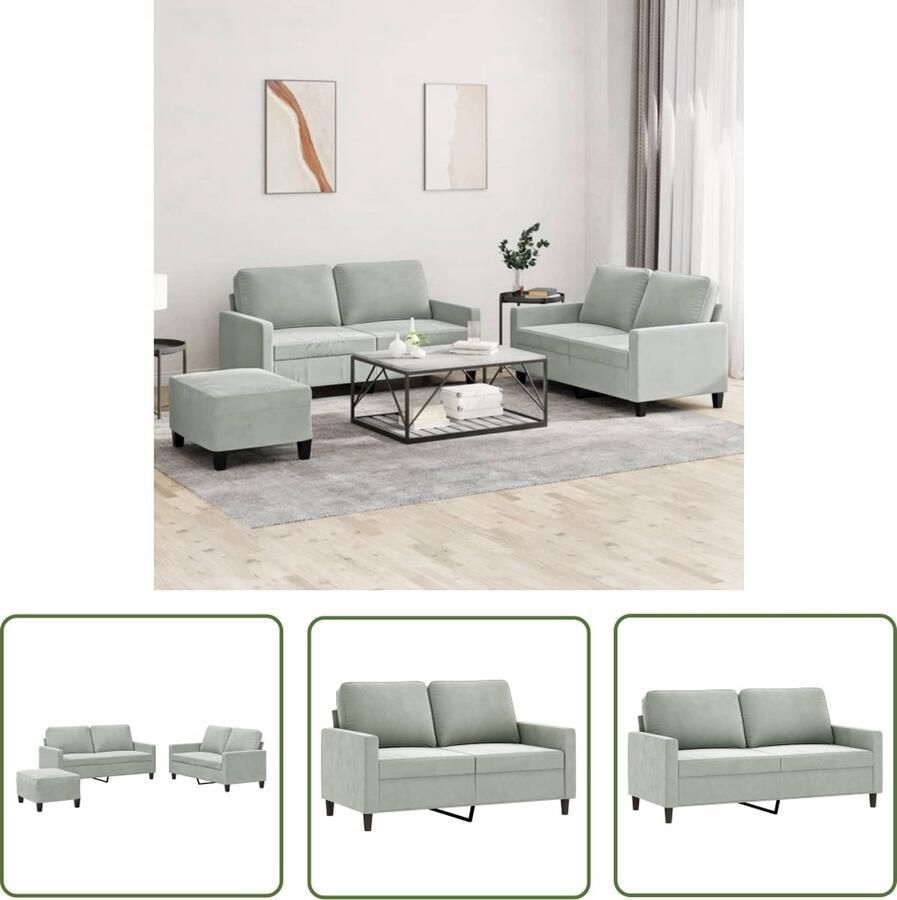 The Living Store 3-delige Loungeset met kussens fluweel lichtgrijs Loungeset Bankstel Velvet Sofa Grijze Bank Comfortabele Bank