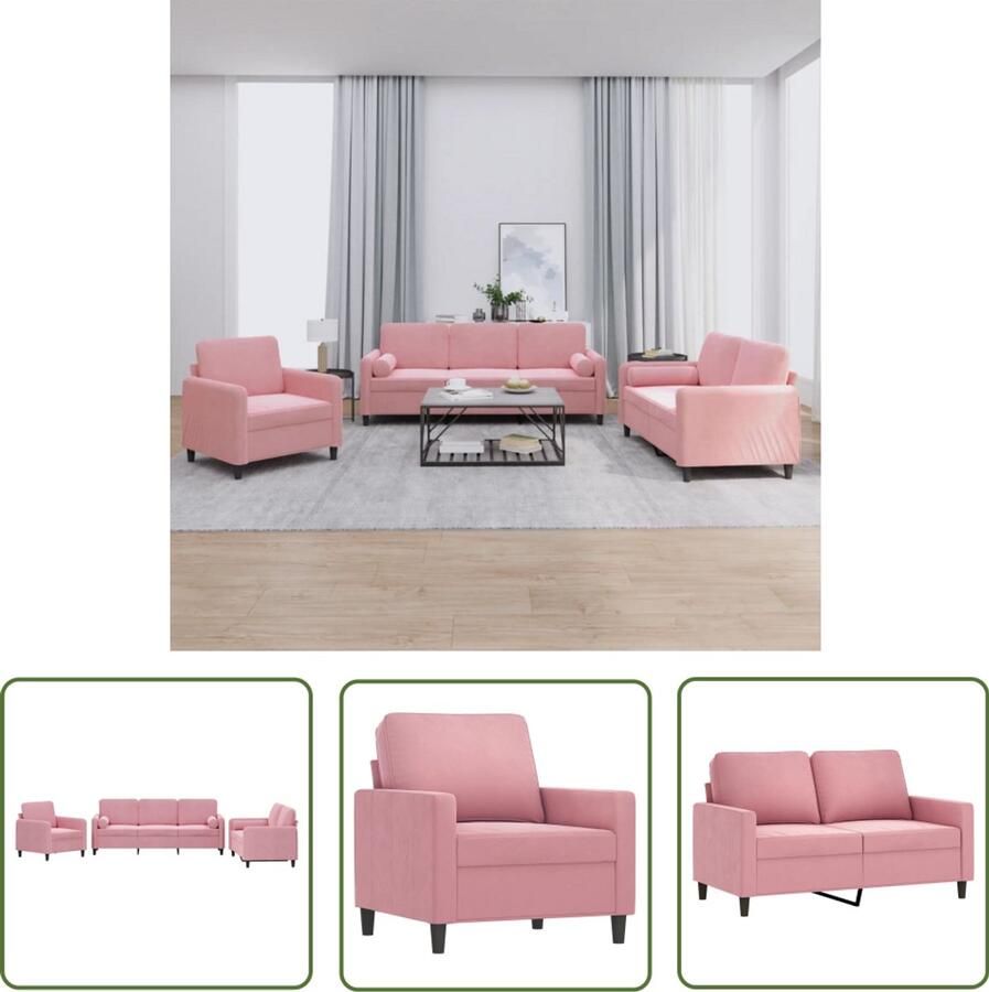 The Living Store 3-delige Loungeset met kussens fluweel roze Loungeset Bankstel Velours Bank Roze Bank Lounge Meubilair