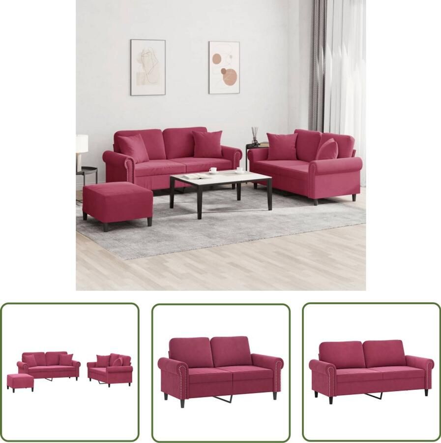 VidaXL Bankstel Loungeset 3-delige Loungeset met kussens fluweel wijnrood 2 Persoons Bank Rode Bank Fluweelbanks