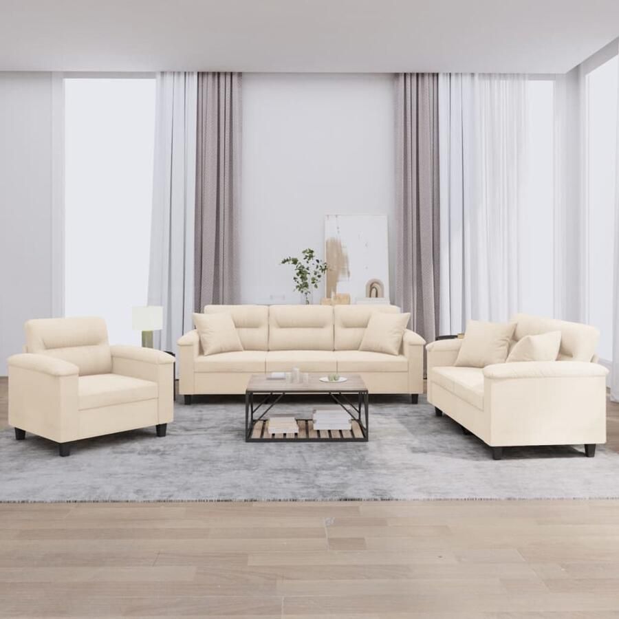 The Living Store 3-delige Loungeset met kussens microvezelstof beige Loungeset Bankstel Salonset Relaxfauteuil Twee Persoonsbank