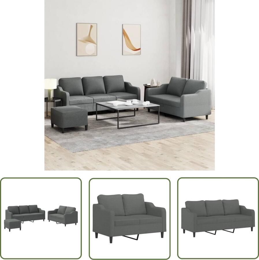 The Living Store 3-delige Loungeset met kussens stof donkergrijs Loungeset Bankstel Donker Grijs Stoffen Bank Lounge Set