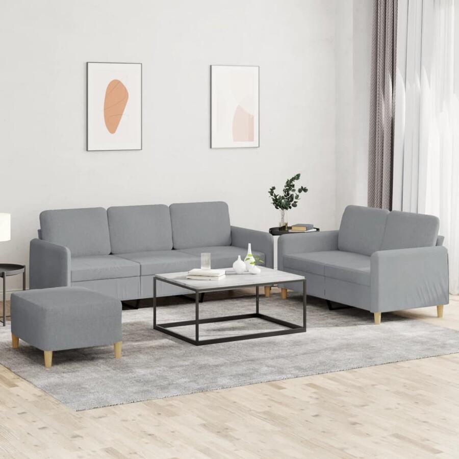 The Living Store Loungeset Driezits en Tweezitsbank met Voetenbank Lichtgrijs Comfortabel en Duurzaam Loungeset Bankstel Tweezitsbank Driezitsbank Stoffen Bank