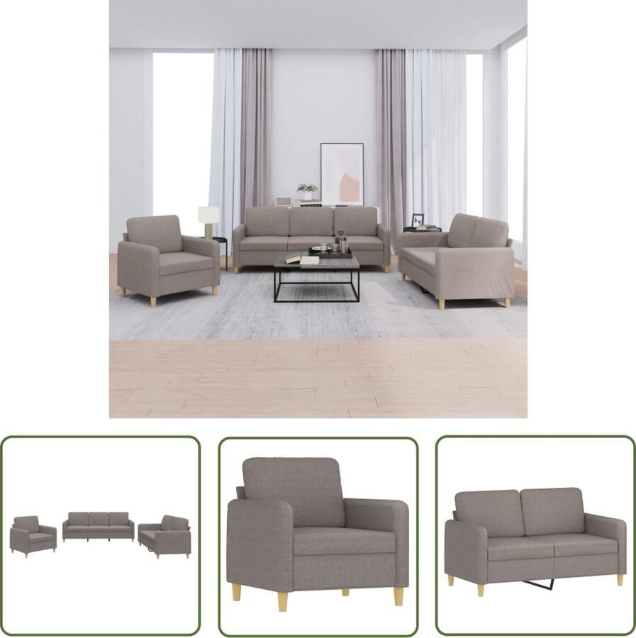 The Living Store 3-delige Loungeset met kussens stof taupe Loungeset Bankstel Fauteuil Twee Zitsbank Driezitsbank
