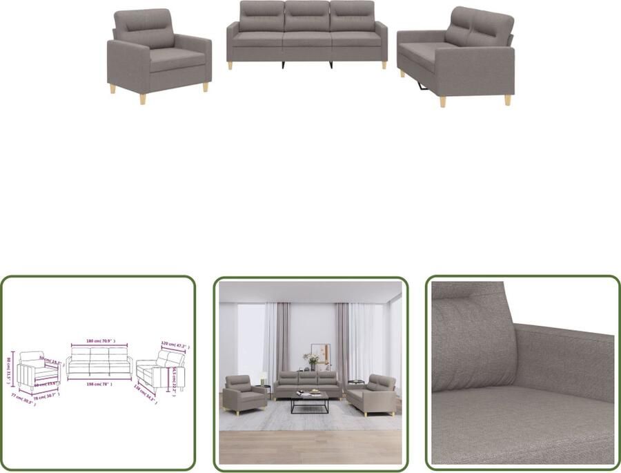 The Living Store Loungeset taupe stof 3-zitsbank 2-zitsbank fauteuil 198 x 77 x 80 cm stevig frame Loungeset Bankstel Fauteuils 2-zitsbank 3-zitsbank - Foto 2