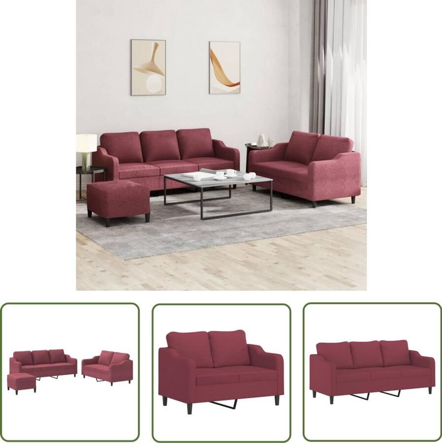 VidaXL 3-delige Loungeset met kussens stof wijnrood Loungeset Bankstel Stoffen Sofa Rood Interieur Lounge Set