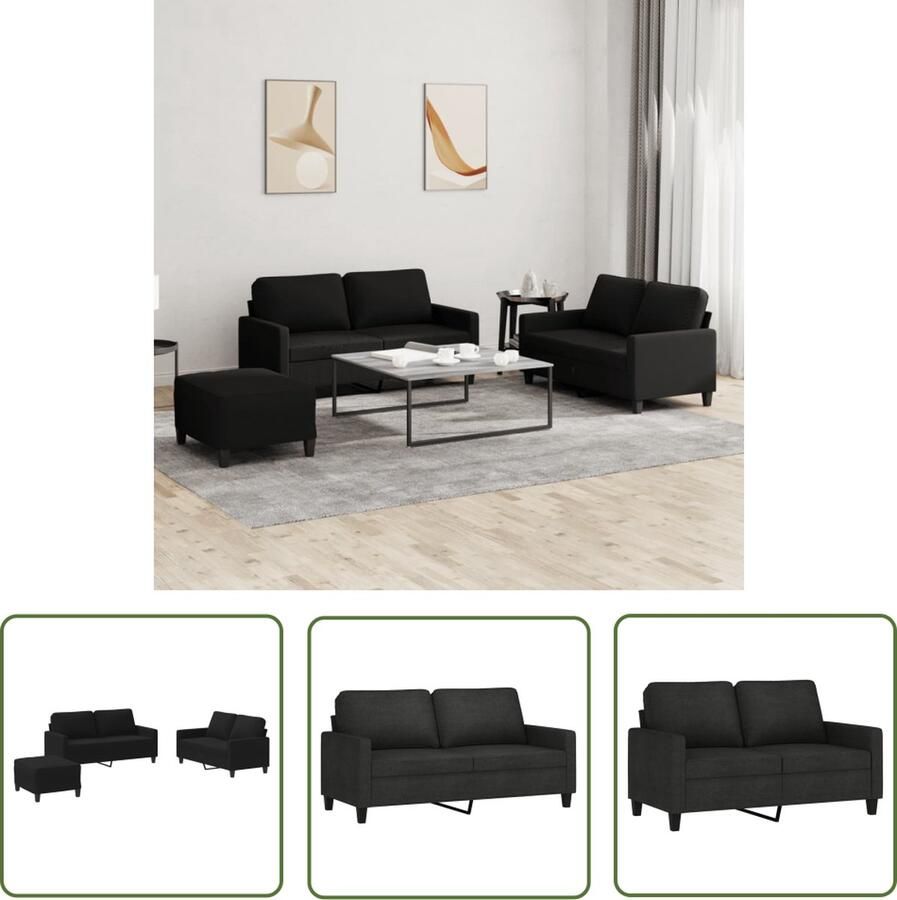 The Living Store 3-delige loungeset met kussens stof zwart Loungeset Bankstel Zwarte Lounge Loungebank Tuinset