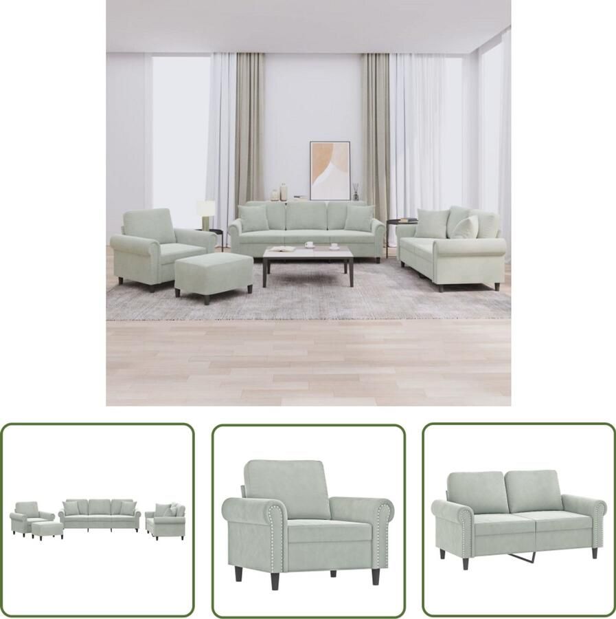 VidaXL Bankstel Loungeset 4-delige Loungeset met kussens fluweel lichtgrijs Fluweel Sofa Grijs Sofa Comfortabele Lounge