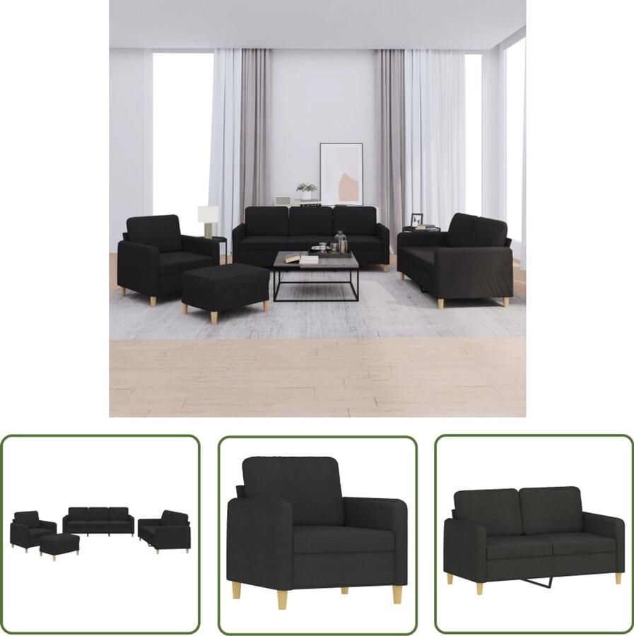 VidaXL 4-delige loungeset met kussens stof zwart Loungeset Bankstel Zwarte Loungebank Comfortabele Stoffen Bank Buitenlounge