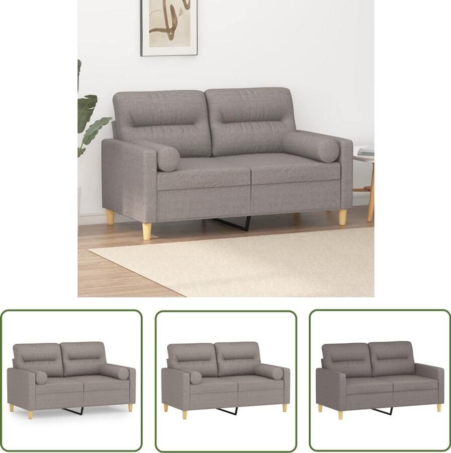 The Living Store Tweezitsbank met sierkussens 120 cm stof taupe Tweezitsbank Bankstel Lounge Stoffen Bank Taupe Meubels Salontafel