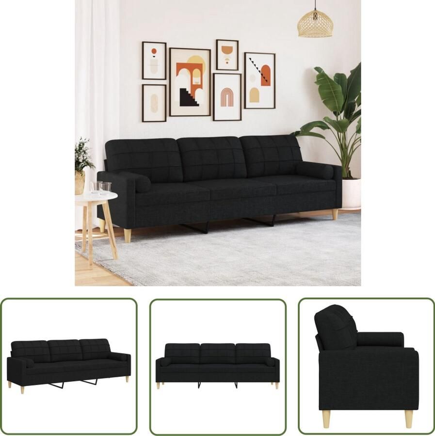 The Living Store 3-zitsbank met sierkussens 210 cm stof zwart 3 Zits Bank Bankstellen Woonkamer Meubels Zwarte Bank Stoffen Bank