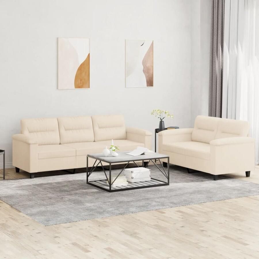 The Living Store 2-delige Loungeset met kussens microvezelstof beige Loungebank Bankstellen Salonset Twee Persoons Bank Drie Persoons Bank